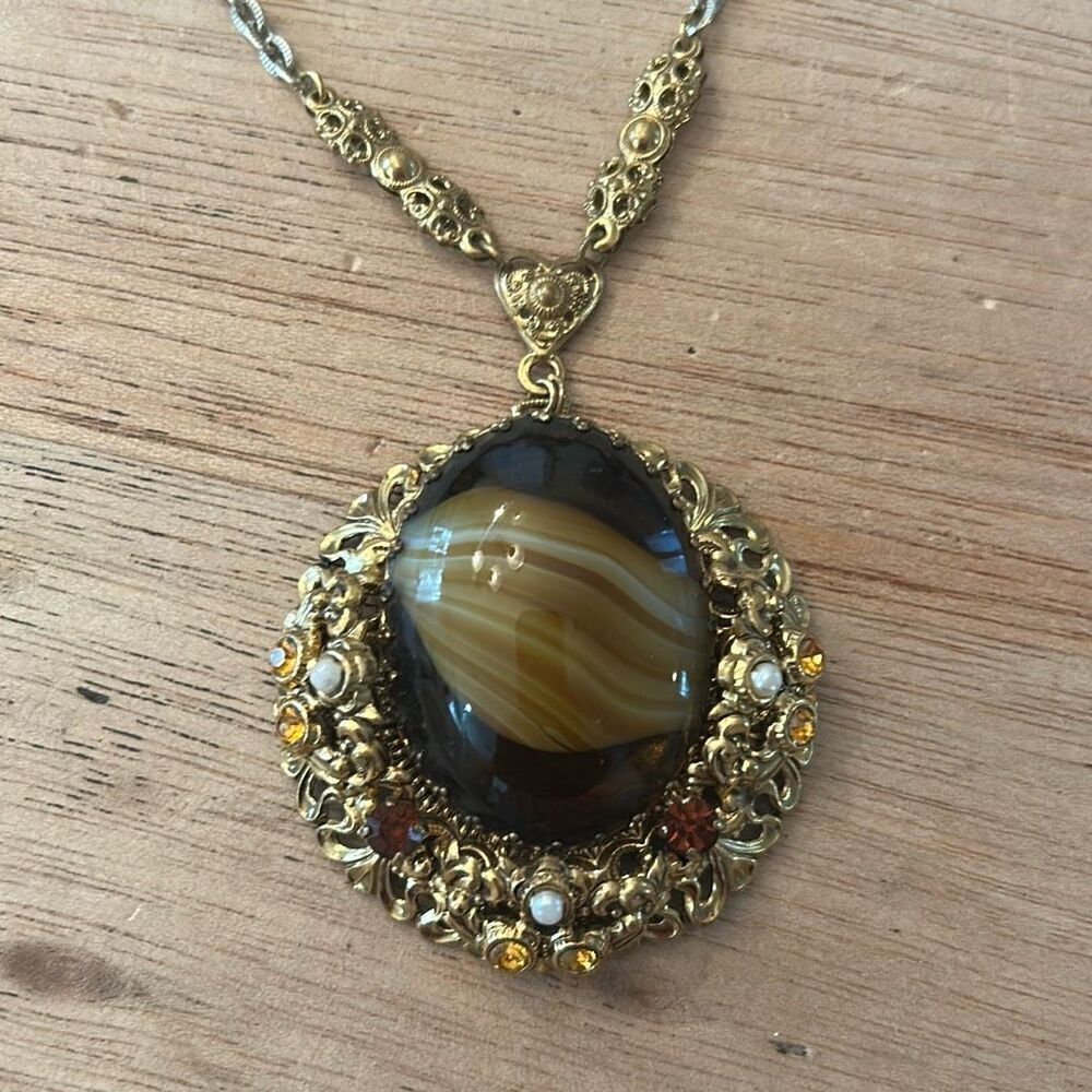 Vintage made in West Germany at gate filigree pendant with pearl and stone detai